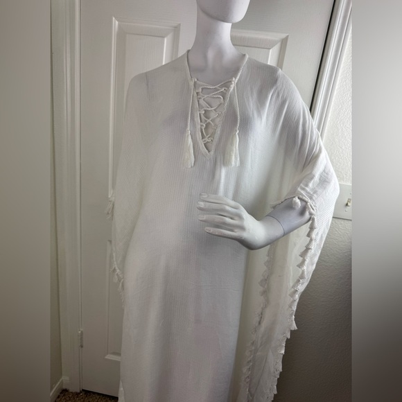 Walter Baker Cover Up One Size White Acapulco Kaftan Maxi Dress Tassels #186 - Picture 5 of 14